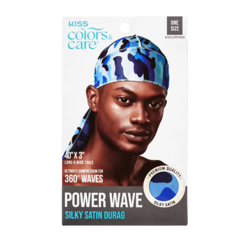 Kiss Colors & Care Power Wave Silky Satin Durag packaging with a model wearing the durag.