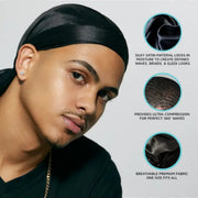 Man wearing a black satin headwrap with product features on a gray background