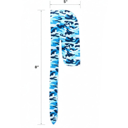 Blue camouflage-patterned object with measurements on a white background