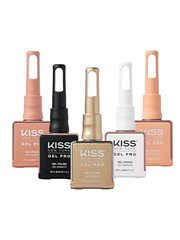 Set of Kiss Gel Pro nail polish bottles on a white background