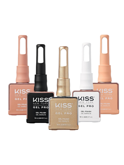 Set of Kiss Gel Pro nail polish bottles on a white background