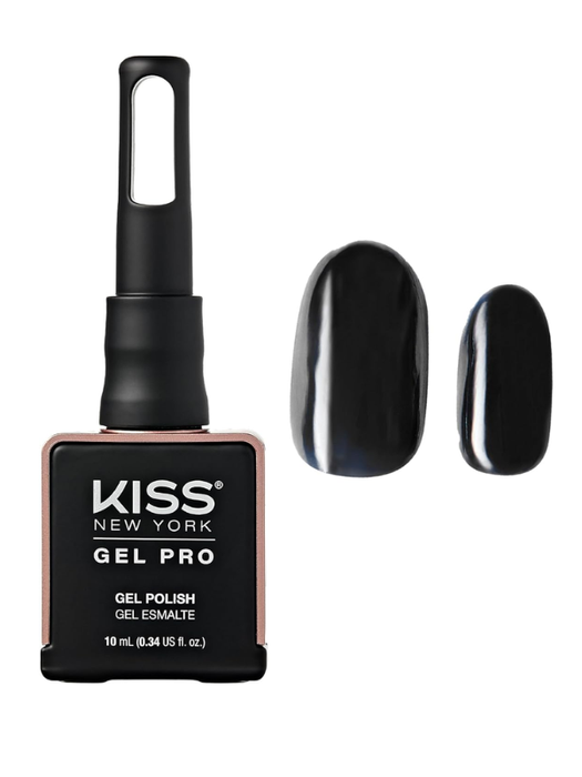 Kiss New York Gel Pro gel polish bottle with black nail polish on a white background