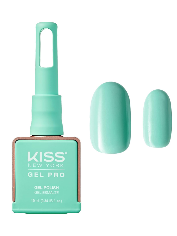 Kiss Gel Pro nail polish bottle with a sample application on nails against a white background