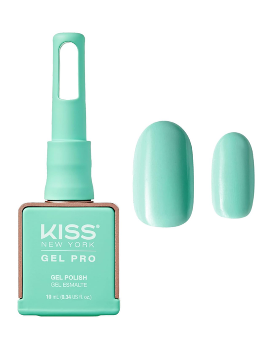 Kiss Gel Pro nail polish bottle with a sample application on nails against a white background