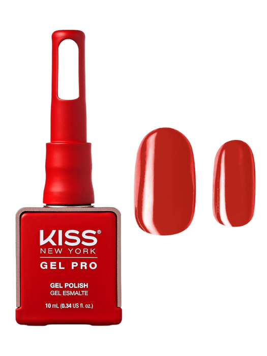 KISS New York Gel Pro gel polish bottle with red nail polish on a white background