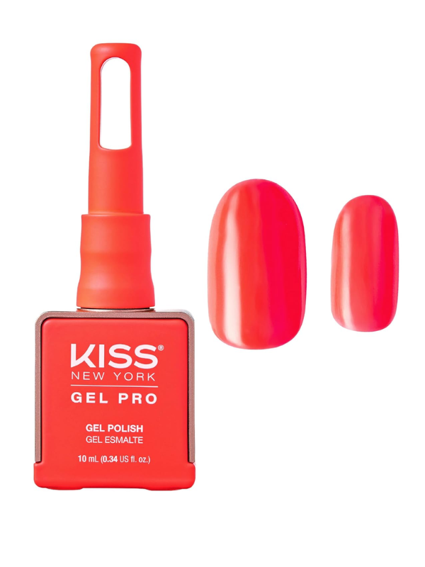 Kiss New York Gel Pro nail polish bottle with a sample of red nail color on a white background