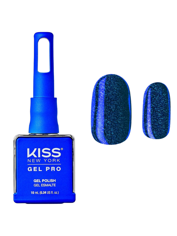 Kiss New York Gel Pro gel polish bottle with blue glittery nails on a white background