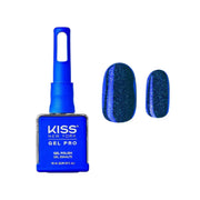 Kiss New York Gel Pro nail polish bottle with blue glittery nails on a white background