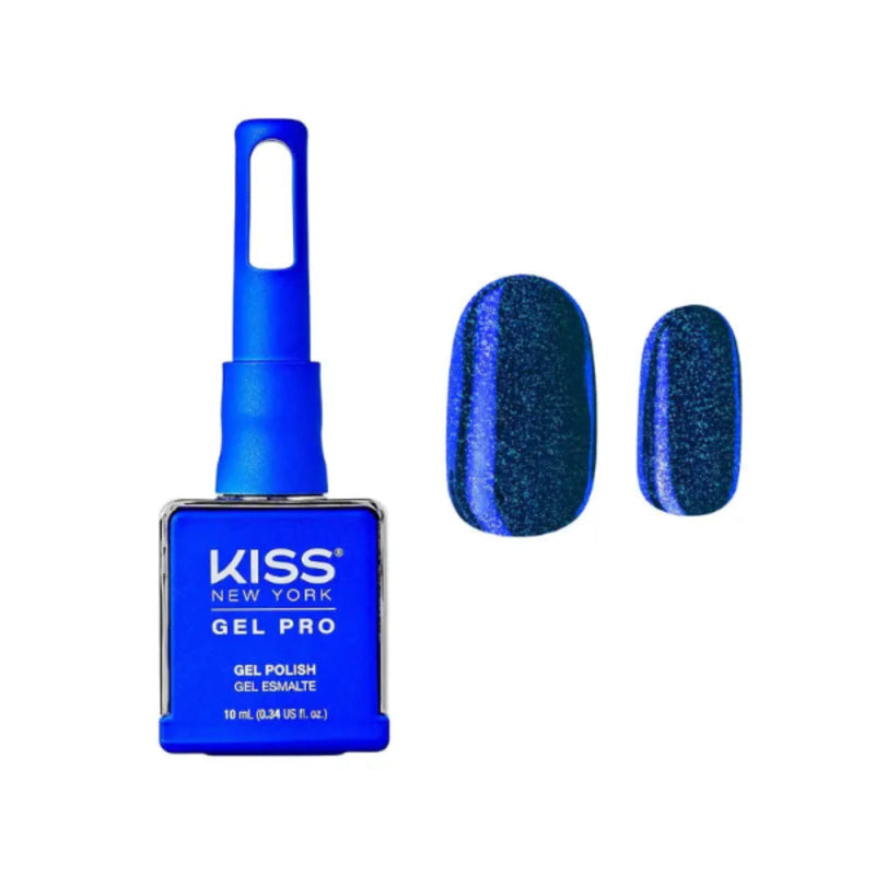 Kiss New York Gel Pro nail polish bottle with blue glittery nails on a white background