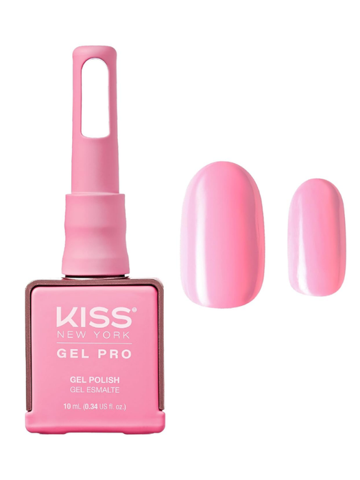 Kiss Gel Pro nail polish bottle with pink nails on a white background