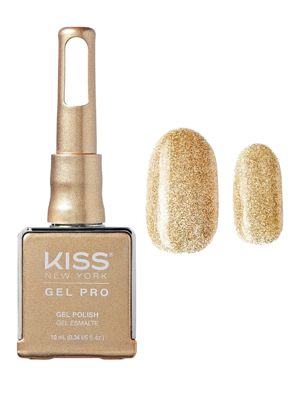 Kiss Gel Pro Gel Polish bottle with a gold color swatch on a white background