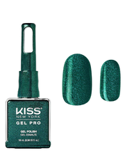 Kiss Gel Pro gel polish with a green glitter finish on a white background