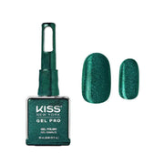 Kiss New York Gel Pro gel polish with a green glitter finish on a white background