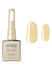 Kiss Gel Pro nail polish bottle with a swatch of gold color on a white background
