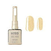 Kiss Gel Pro gel polish bottle with a swatch of gold color on a white background