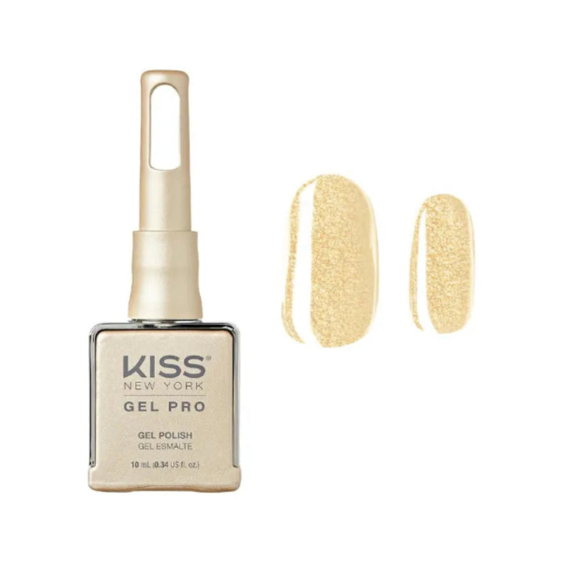 Kiss Gel Pro gel polish bottle with a swatch of gold color on a white background