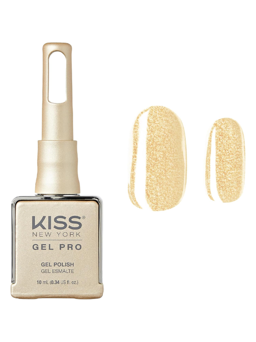 Kiss Gel Pro nail polish bottle with a swatch of gold color on a white background