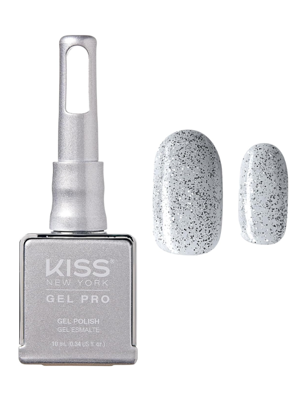 KISS New York Gel Pro nail polish with a silver handle and two nails with speckled design on a white background