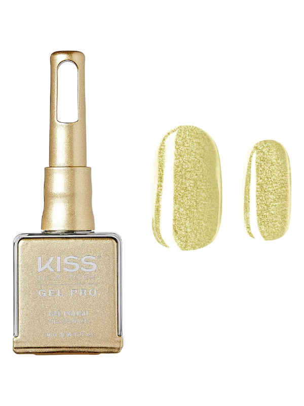 Kiss Gel Pro nail polish bottle with gold color swatch on a white background