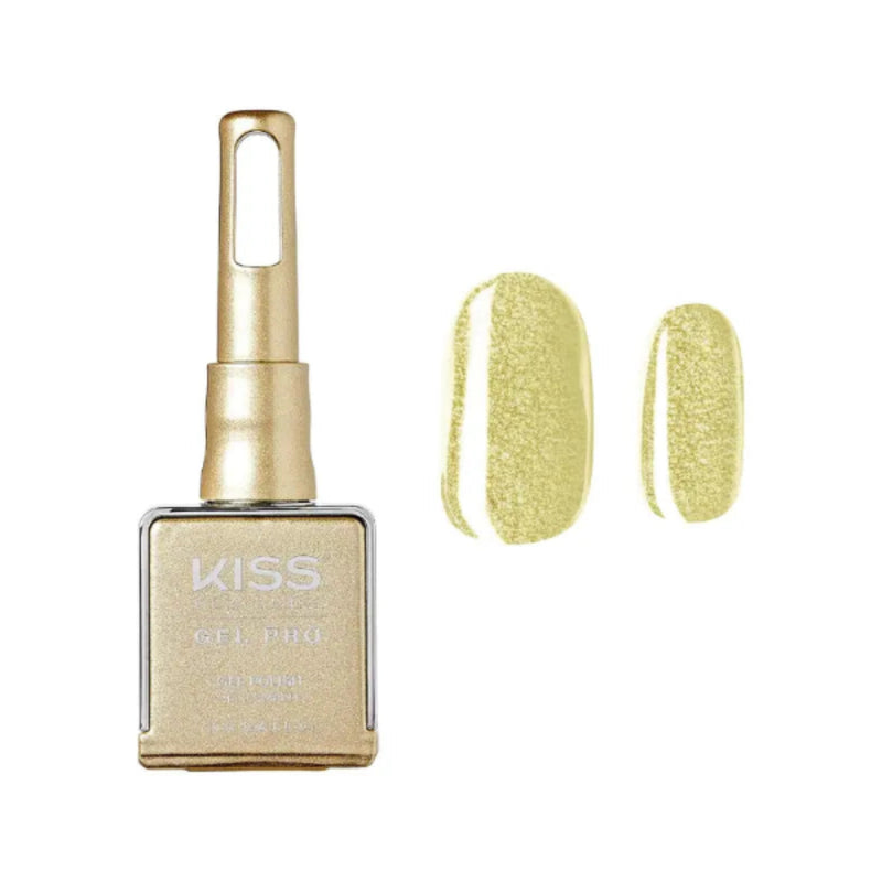 Gold nail polish bottle with a swatch of yellow glittery nail color on a white background