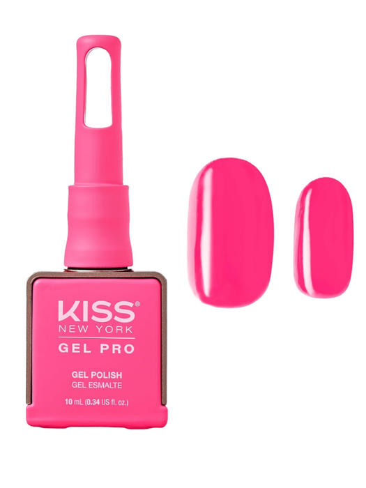 Kiss New York Gel Pro nail polish bottle with pink color swatches on a white background