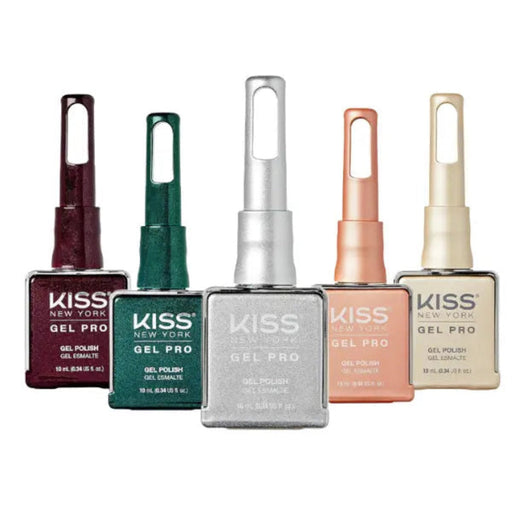 Set of Kiss Gel Pro nail polish bottles on a white background