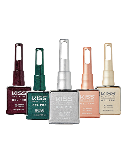 Set of Kiss Gel Pro nail polish bottles in various colors on a white background