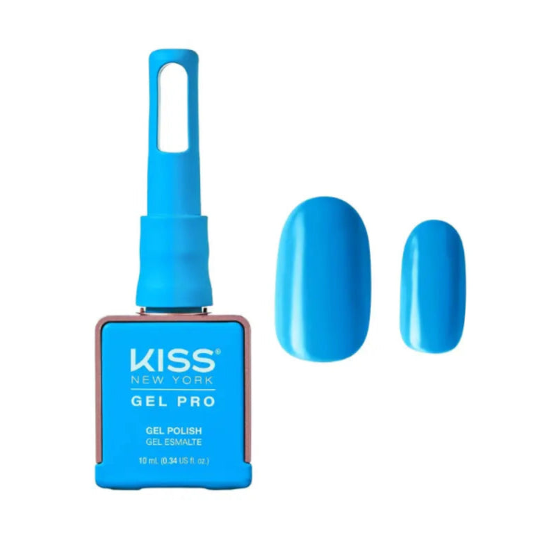 Kiss New York Gel Pro gel nail polish in a bright blue shade, shown with the bottle and two glossy nail swatches on a white background.