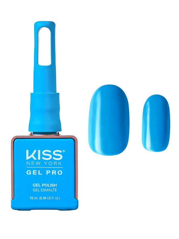 Kiss New York Gel Pro nail polish bottle with blue gel polish on a white background