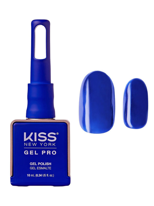 Kiss New York Gel Pro Gel Polish bottle with blue nail polish and application on nails.