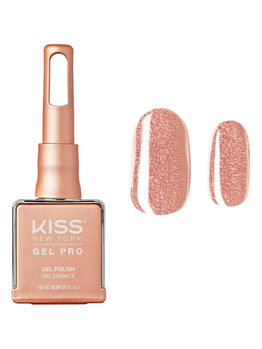 Kiss Gel Pro nail polish with a rose gold color and two swatches on a white background