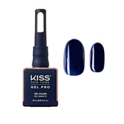 Kiss New York Gel Pro nail polish bottle with a blue nail and cuticle on a white background