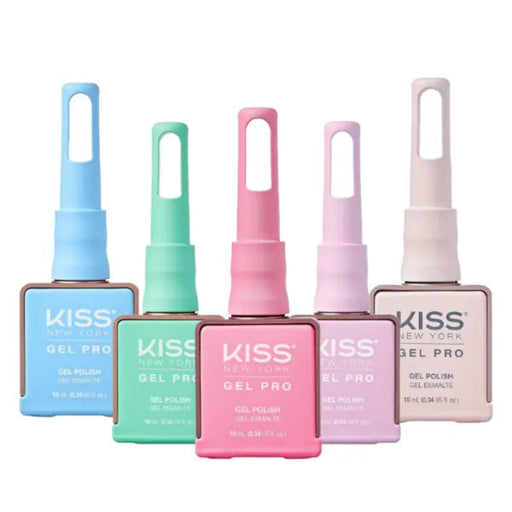 Set of five KISS Gel Pro nail polish bottles in pastel colors on a white background