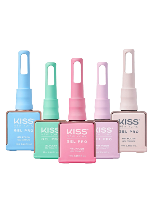 Set of five KISS Gel Pro nail polish bottles in pastel colors on a white background