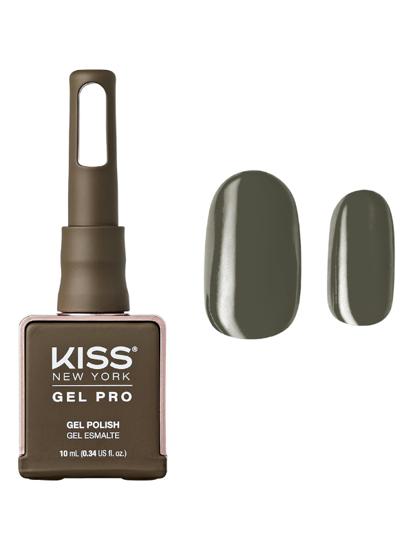 Kiss Gel Pro gel polish bottle with an olive green sample application on nails on a white background