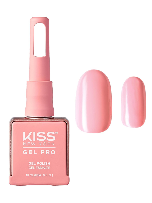 Kiss New York Gel Pro nail polish bottle with a pink color swatch on a white background
