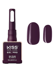 Kiss Gel Pro gel polish bottle with a swatch of purple nail color on a white background