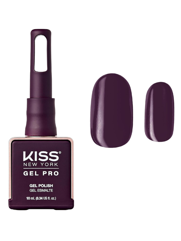Kiss Gel Pro gel polish bottle with a swatch of purple nail color on a white background