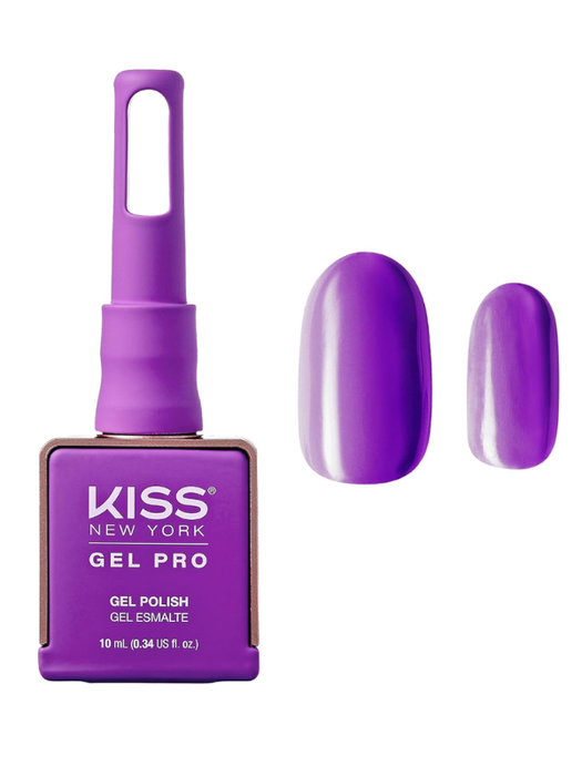 Kiss New York Gel Pro Gel Polish bottle with a purple color swatch on a white background