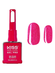 Kiss Gel Pro nail polish bottle with pink glittery nail color on a white background
