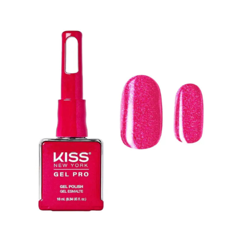 Kiss Gel Pro nail polish bottle with pink glittery nails on a white background