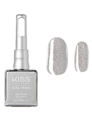 Kiss Gel Pro nail polish bottle with a sample of glittery silver nail color on a white background