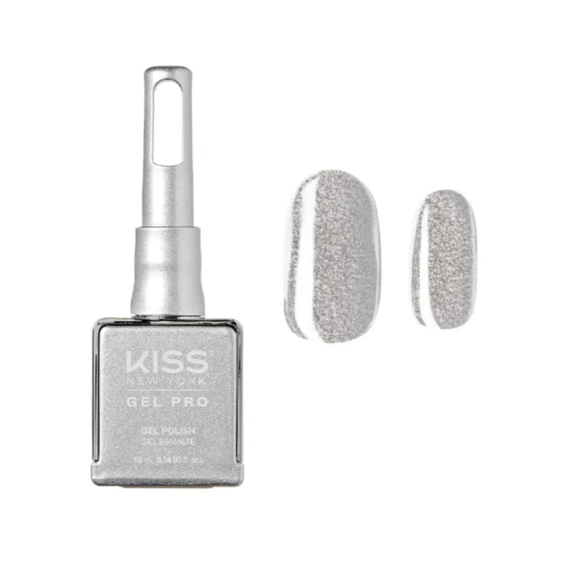 Kiss Gel Pro nail polish bottle with a sample of silver glittery nail color on a white background