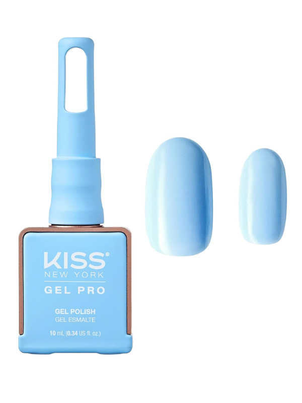 Kiss Gel Pro nail polish with a blue color swatch on a white background