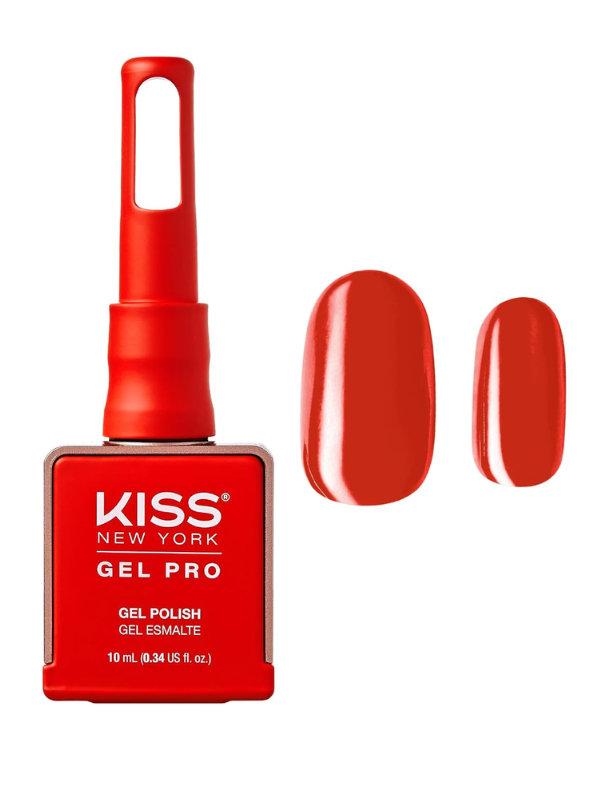 Kiss New York Gel Pro gel polish bottle with red color swatches on a white background