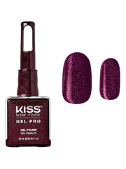 Kiss Gel Pro gel polish bottle with a sample of purple glittery nail color on a white background