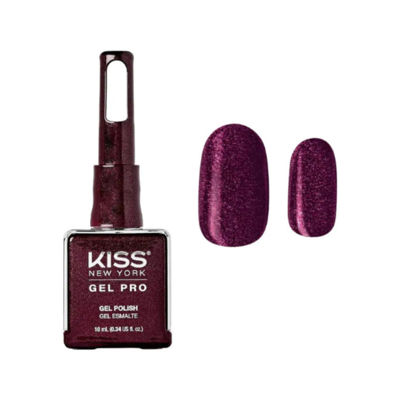 Kiss Gel Pro gel polish with a purple glitter finish on nails against a white background