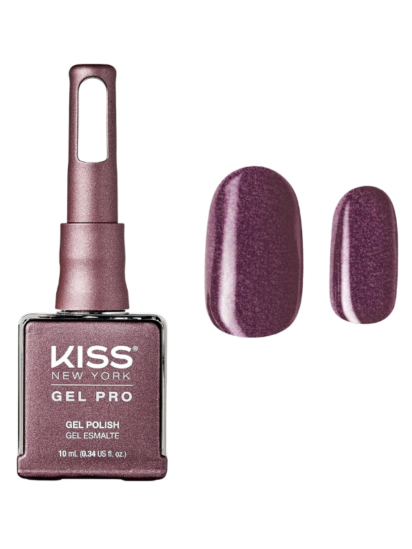 Kiss Gel Pro gel polish bottle with a swatch of purple nail color on a white background