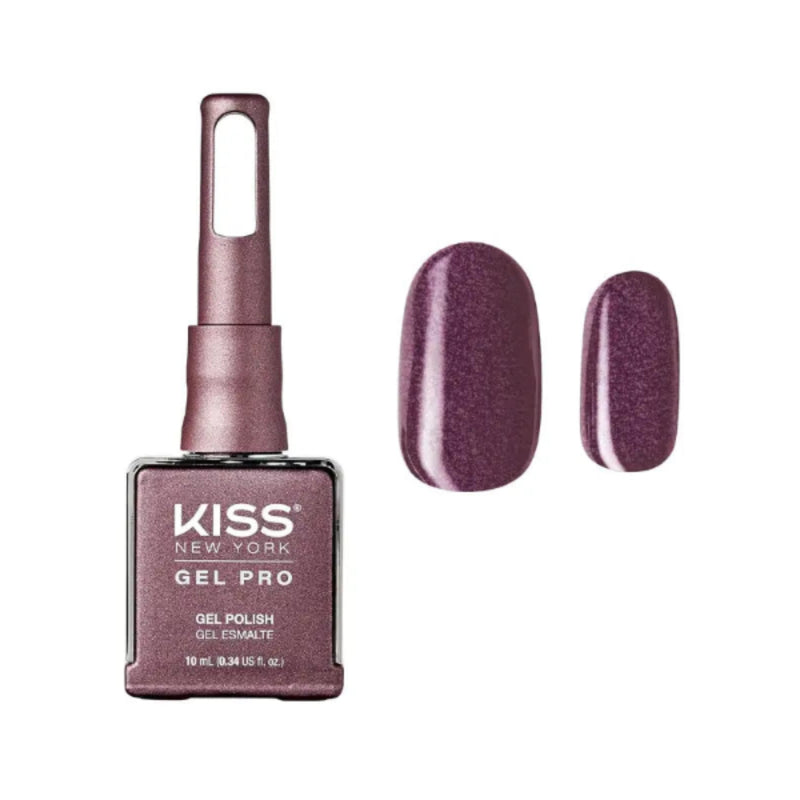 Kiss Gel Pro gel polish bottle with a swatch of purple nail color on a white background