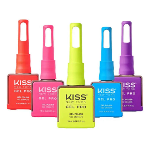 Set of six Kiss gel polish bottles in different colors on a white background